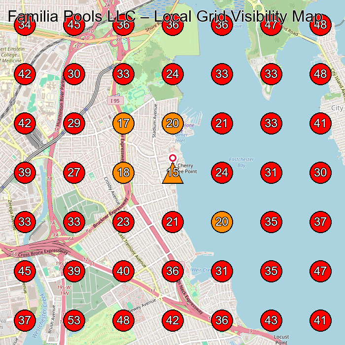 Familia Pools LLC GeoGrid visibility map for Swimming Pool Contractor in Port Washington